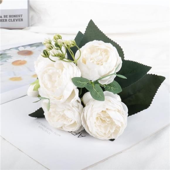Artificial Peony Flower Silk Peonies Bouquet 4 Bundles Fake Flowers Bulk (White) - Picture 5 of 6